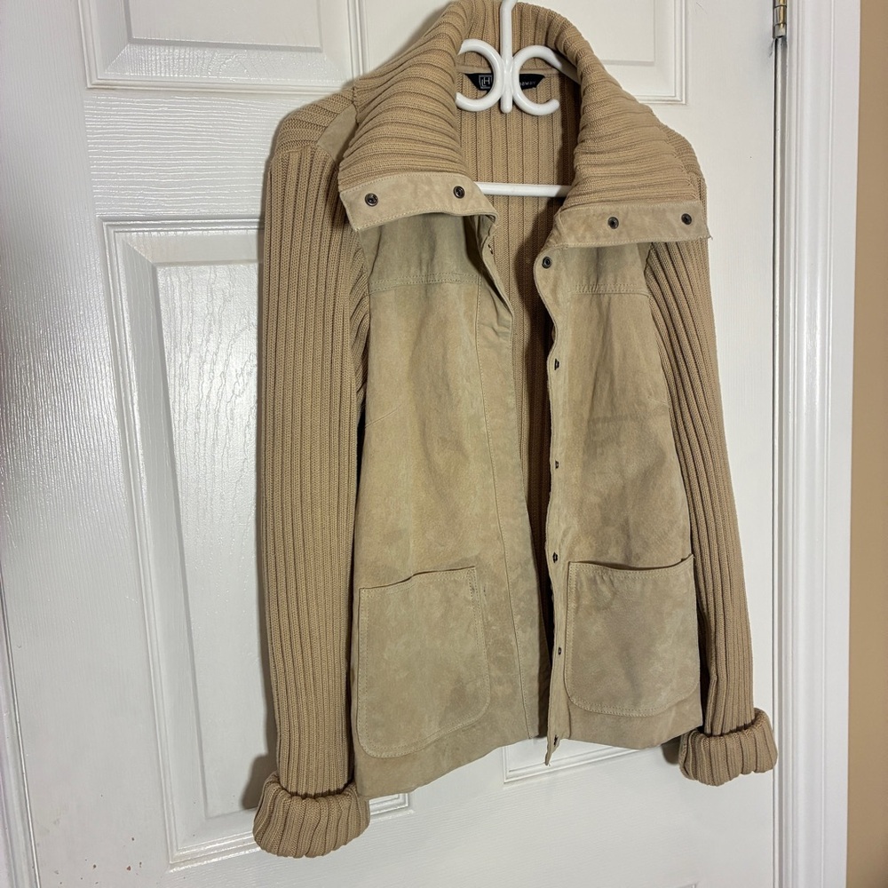 Lady Hathaway Genuine Suede & Rib Knit Jacket Tan Beige Size Large L